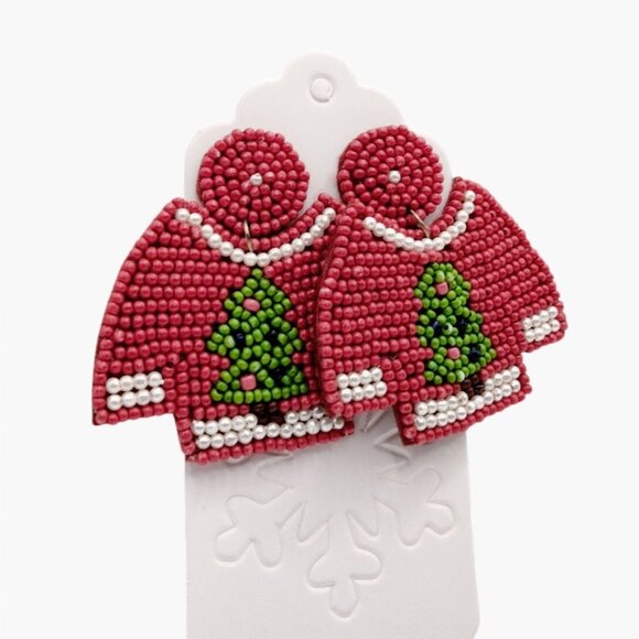 Ugly Christmas Sweater Beaded Earrings Red Green Christmas Tree - Picture 3 of 6